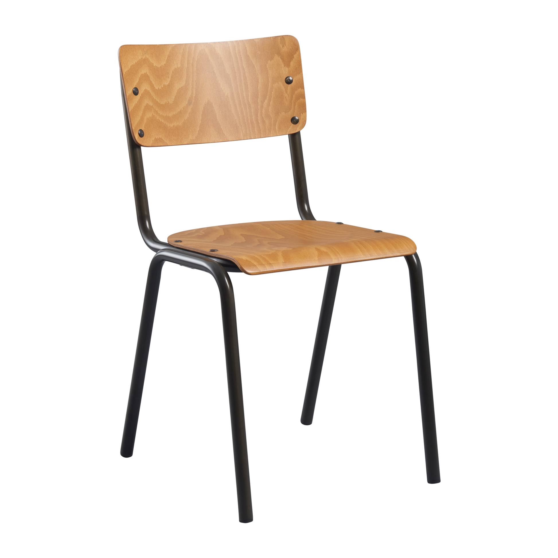 Tavo Stacking Side Chair - Wooden Seat & Back - Oak features a sleek metal frame with a smooth oak wooden seat and backrest, ideal for commercial and hospitality settings.