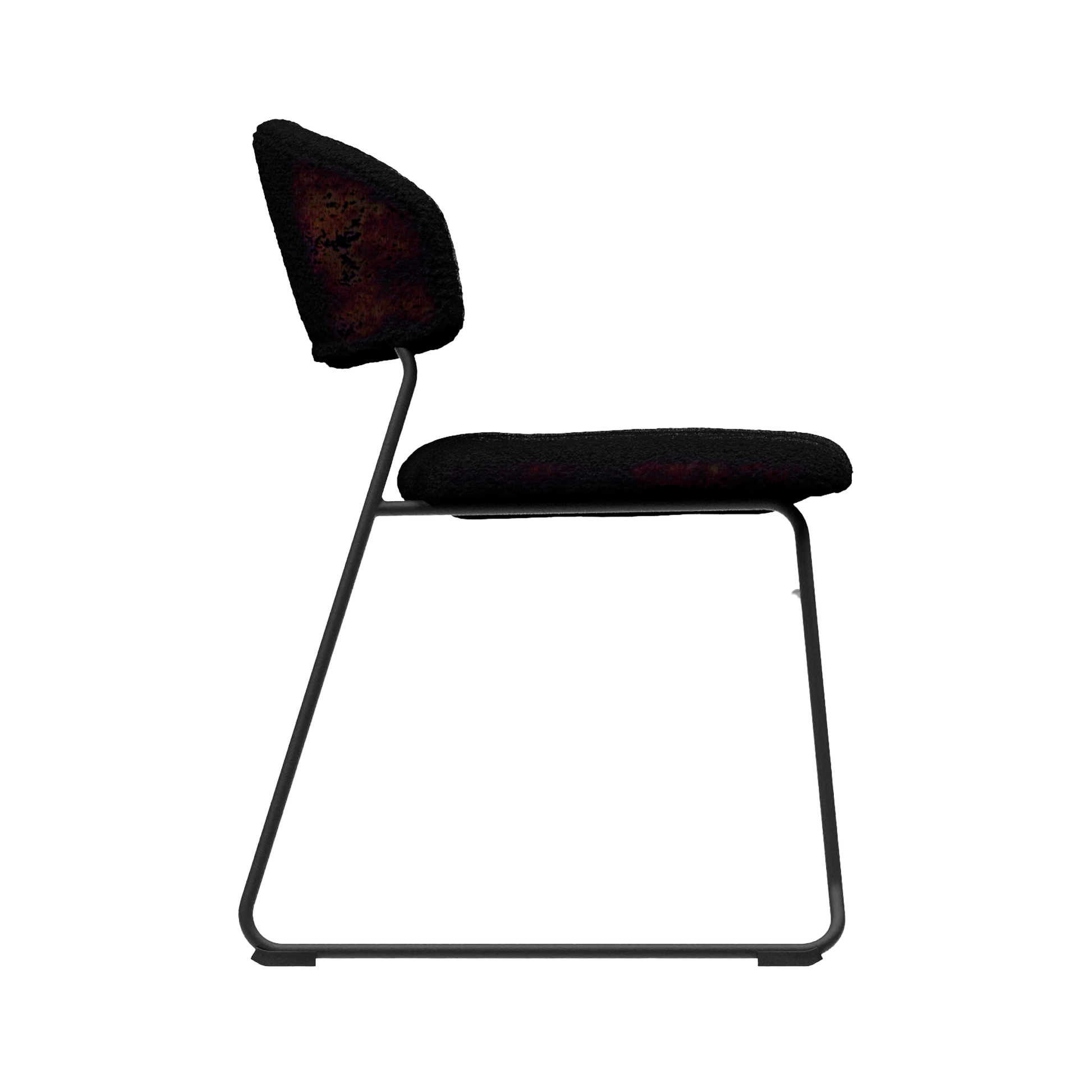 Side view of the Teddy Stacking Side Chair - Black with a sleek metal frame and cushioned upholstered seat and backrest designed for commercial and hospitality use.