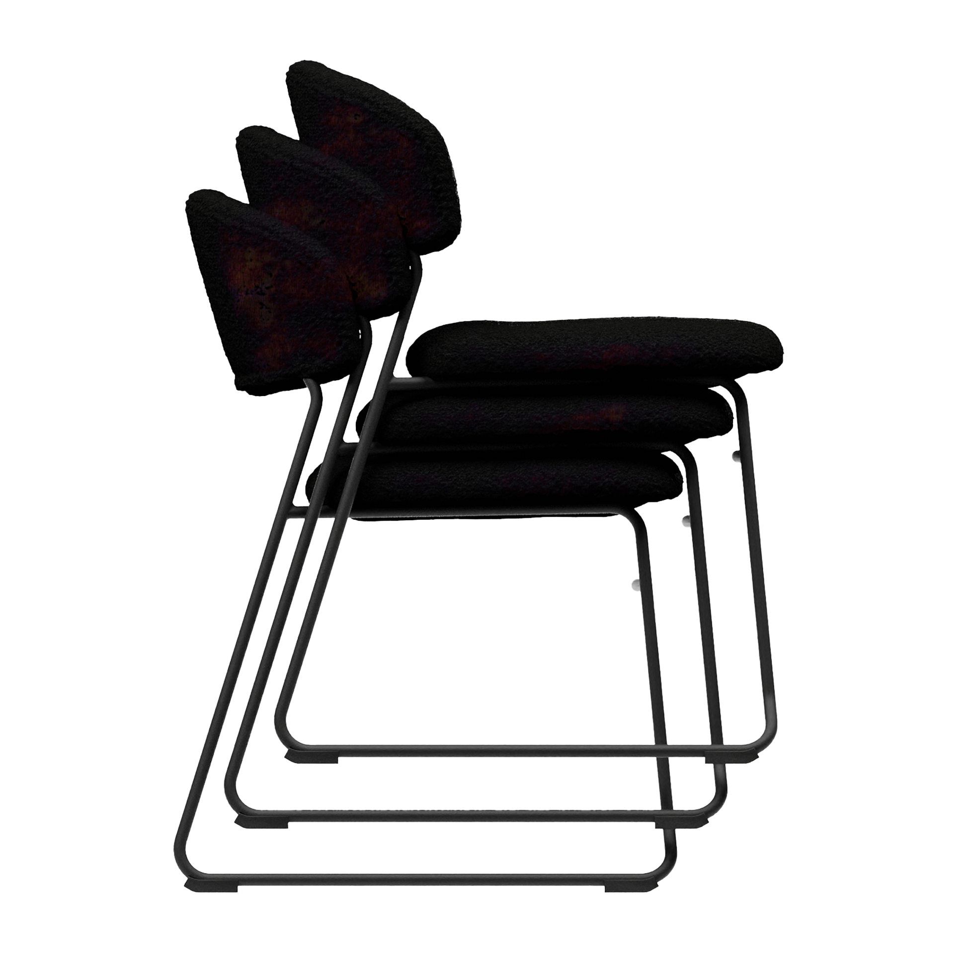 Teddy Stacking Side Chair - Black shown stacked, featuring a sleek metal frame with cushioned seat and backrest designed for commercial durability and easy storage in high-traffic settings.