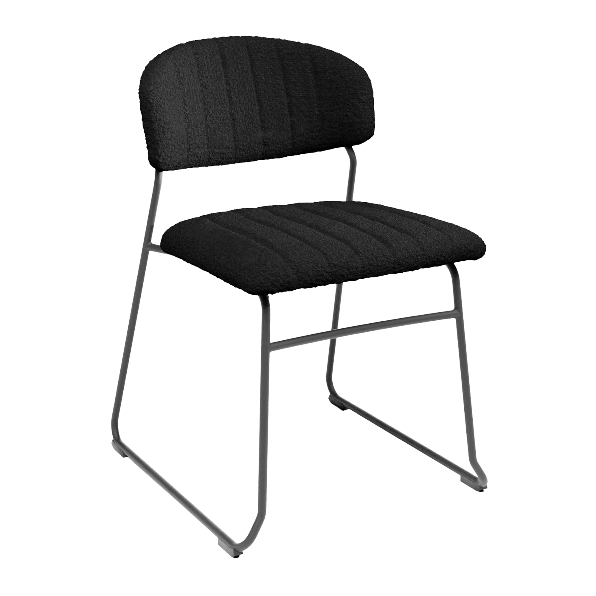 Teddy Stacking Side Chair - Black with a softly padded, textured fabric seat and backrest on a sleek, black metal frame designed for comfortable, versatile seating.