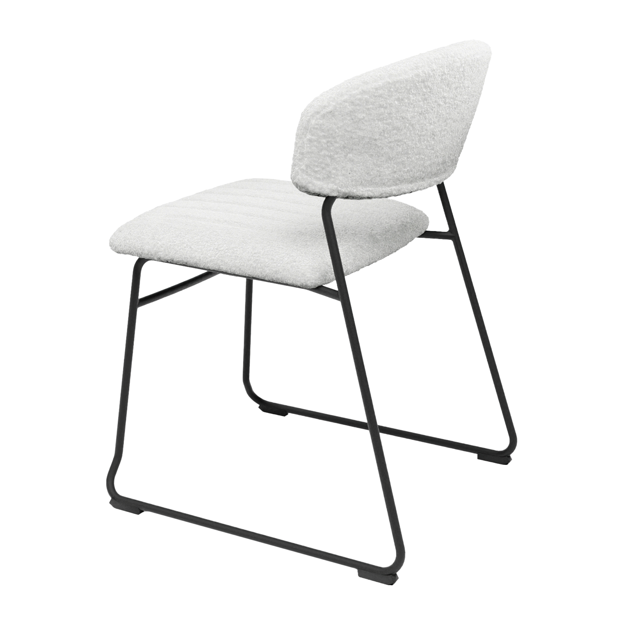 Teddy Stacking Side Chair - White features a modern design with a soft upholstered seat and backrest in white fabric, supported by a sleek black metal frame for commercial use.