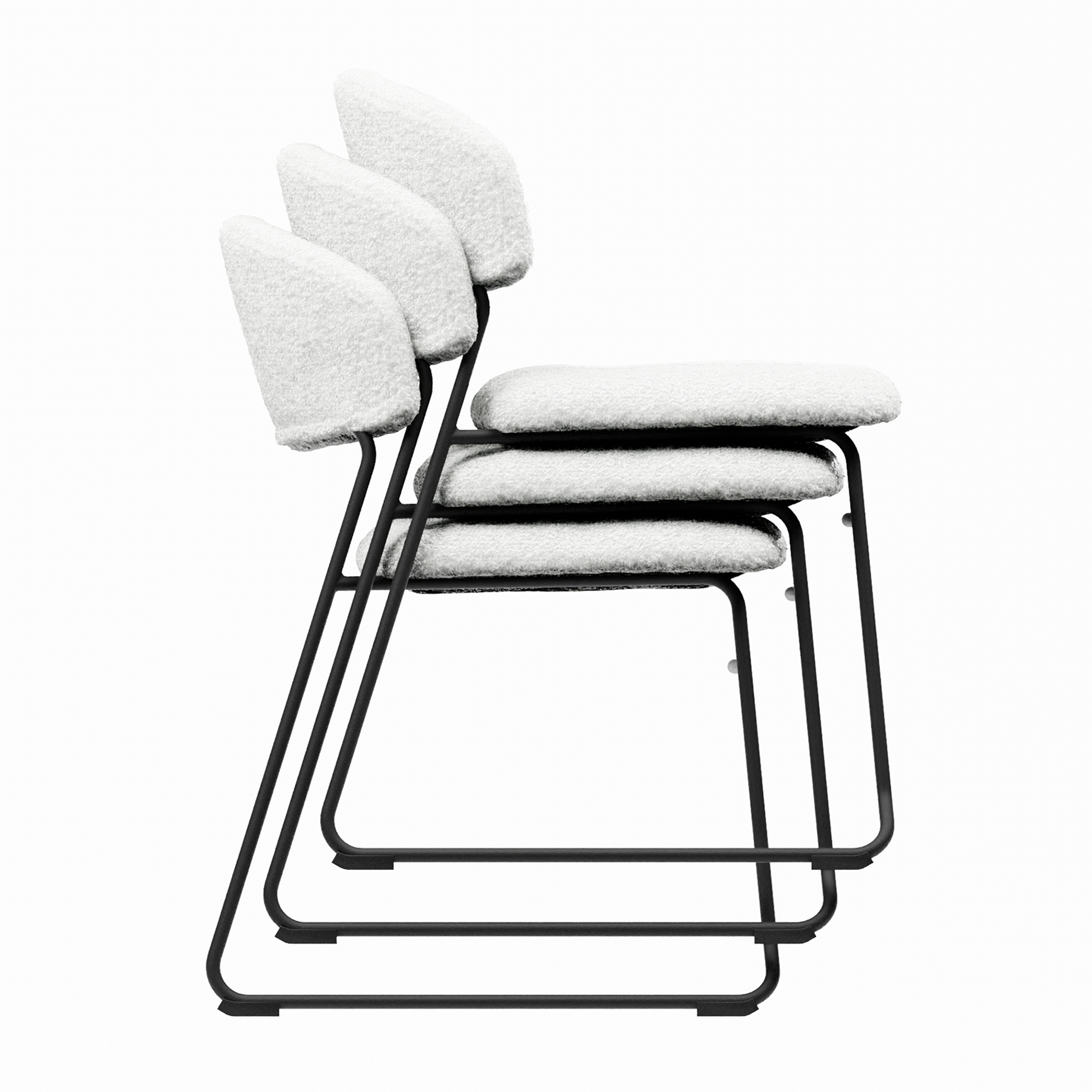 Three Teddy Stacking Side Chair - White chairs stacked together, featuring white upholstered seats and backs with sleek black metal sled bases, ideal for flexible commercial seating.