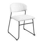 Teddy Stacking Side Chair - White with a plush white upholstered seat and backrest, supported by a sleek black metal frame, designed for comfortable and stylish stacking in commercial settings.
