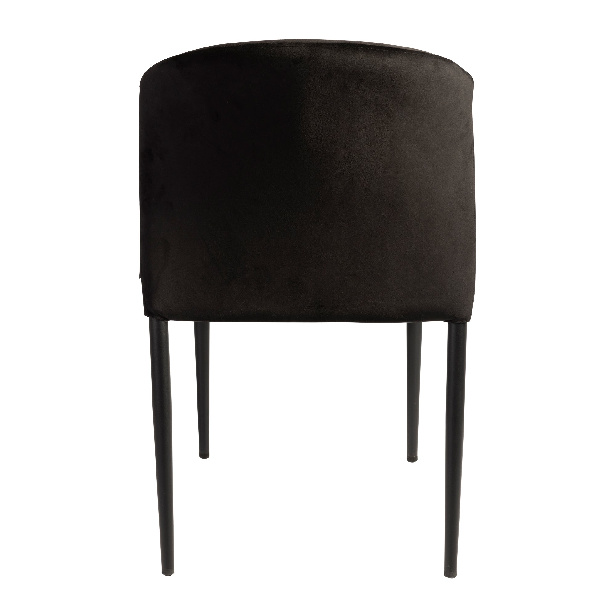 Back view of a Veneto Stacking Side Chair - Black Velvet with sleek black metal legs and plush black velvet upholstery, designed for commercial and hospitality settings.