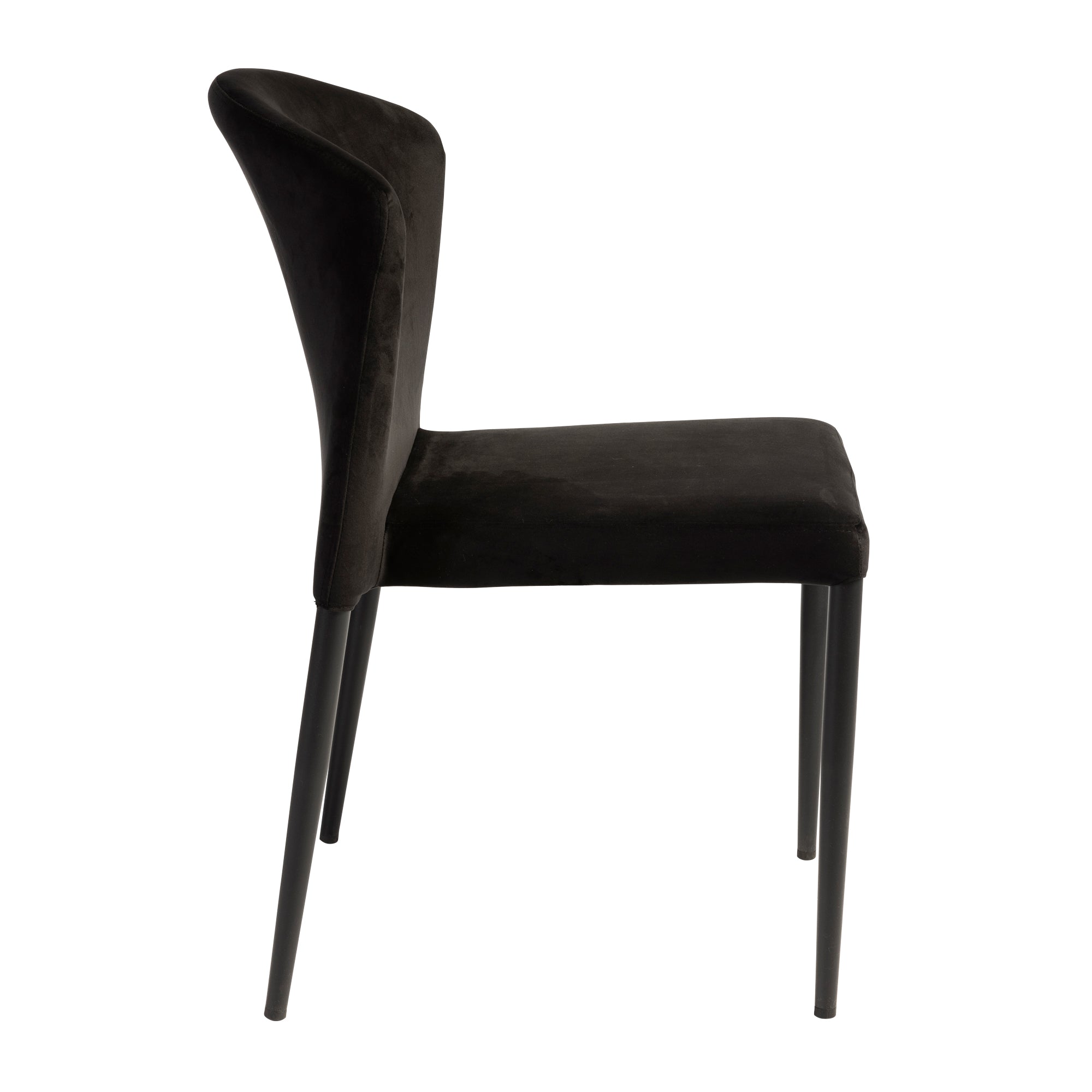 Side view of the Veneto Stacking Side Chair - Black Velvet featuring sleek black velvet upholstery and slender black metal legs, designed for commercial and hospitality use.