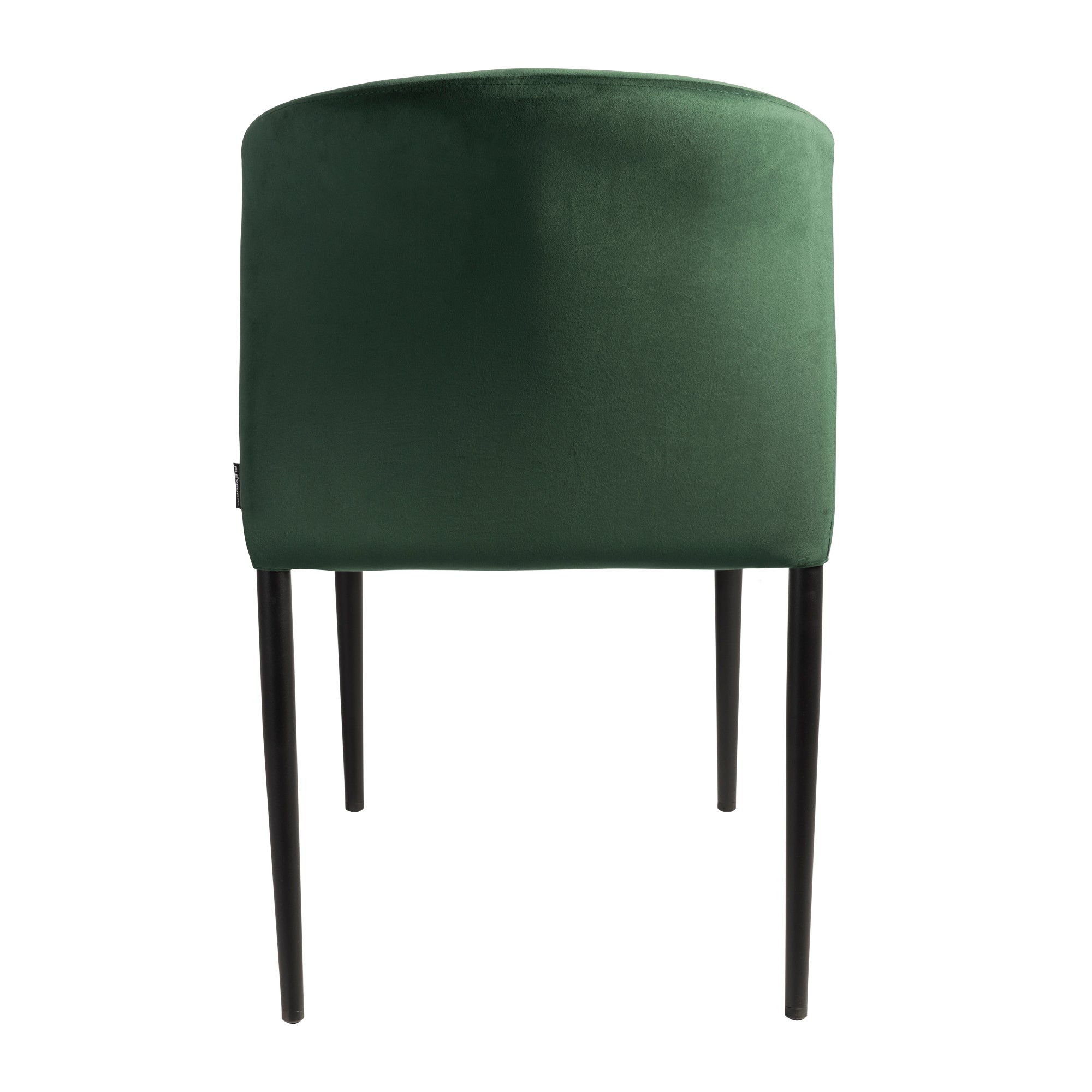 Back view of a Veneto Stacking Side Chair - Dark Green Velvet featuring sleek black legs and rich velvet upholstery with a smooth, rounded backrest design.