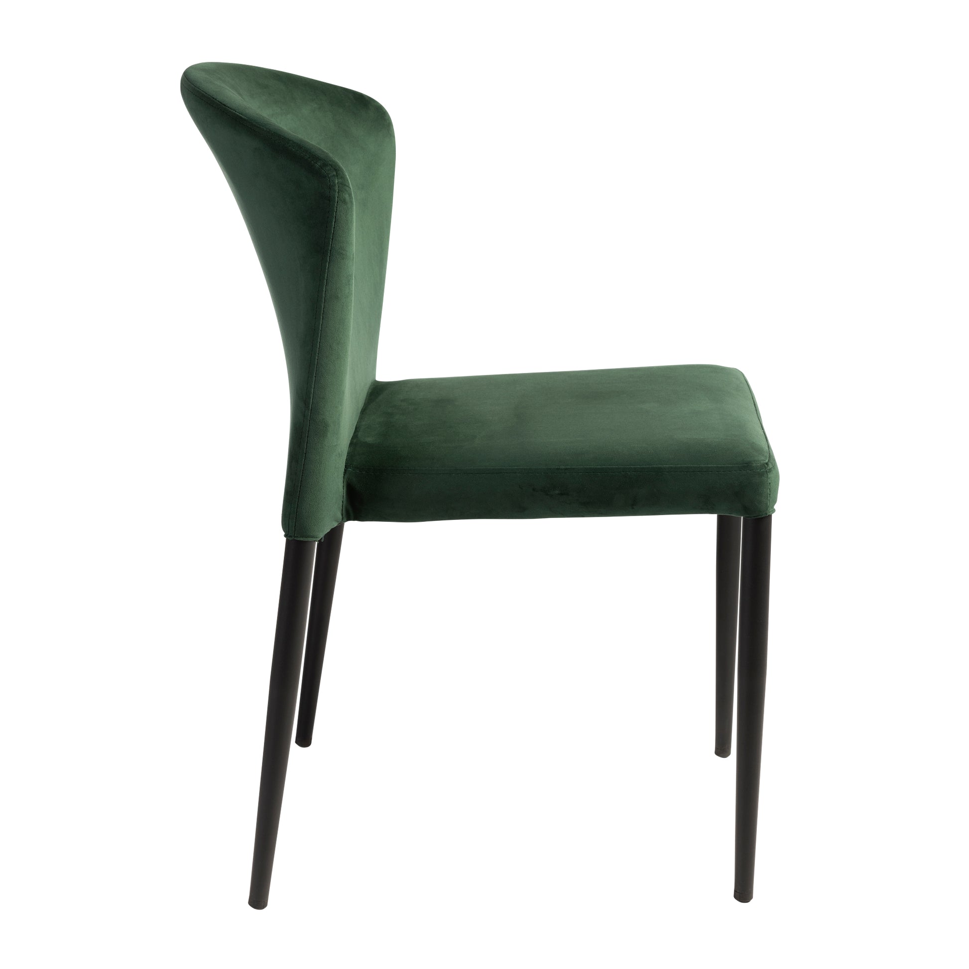 Side view of Veneto Stacking Side Chair - Dark Green Velvet featuring sleek black legs and plush velvet upholstery, designed for comfortable and stylish seating.