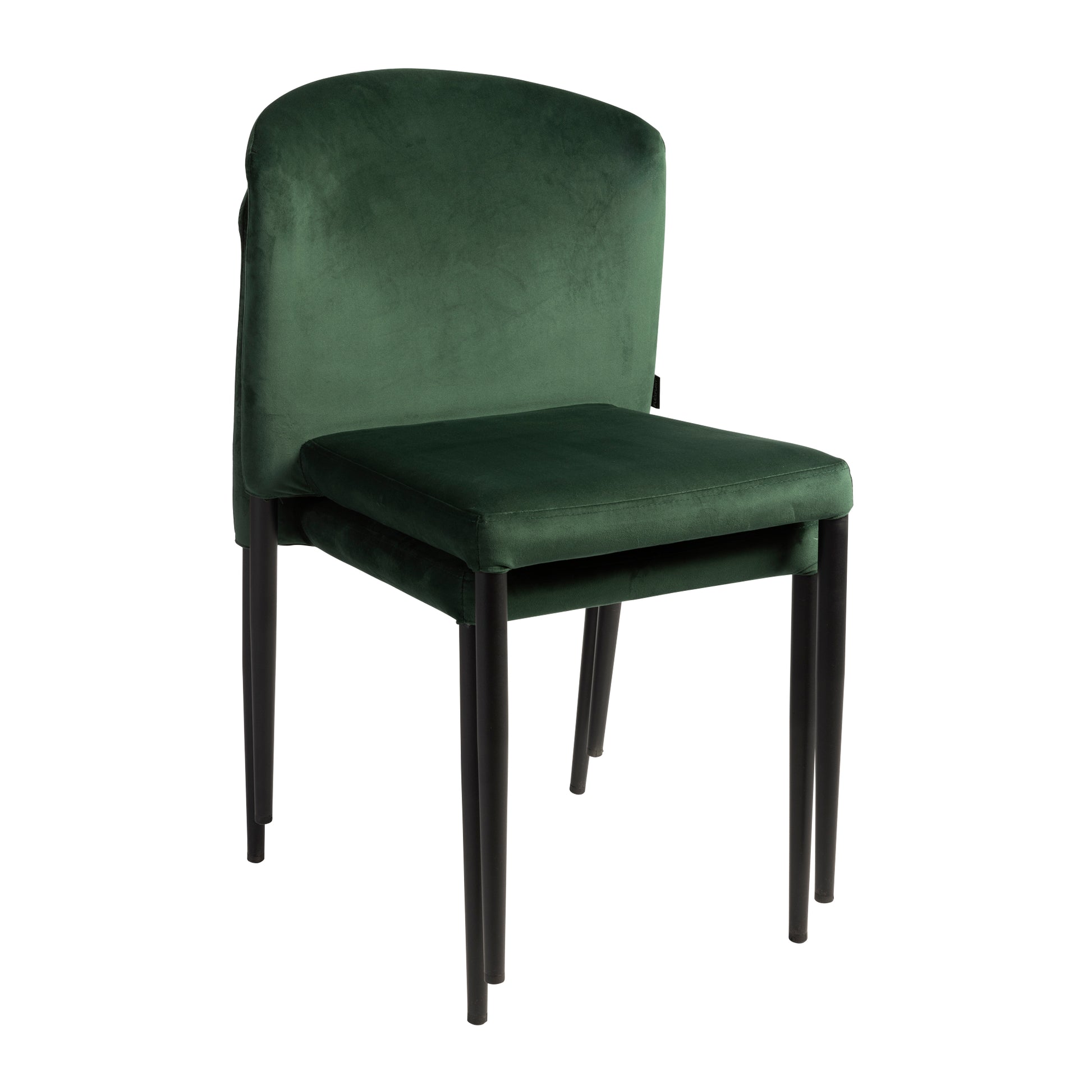 Veneto Stacking Side Chair - Dark Green Velvet with sleek black legs, featuring a plush velvet upholstered seat and backrest designed for stylish stacking and comfortable seating.