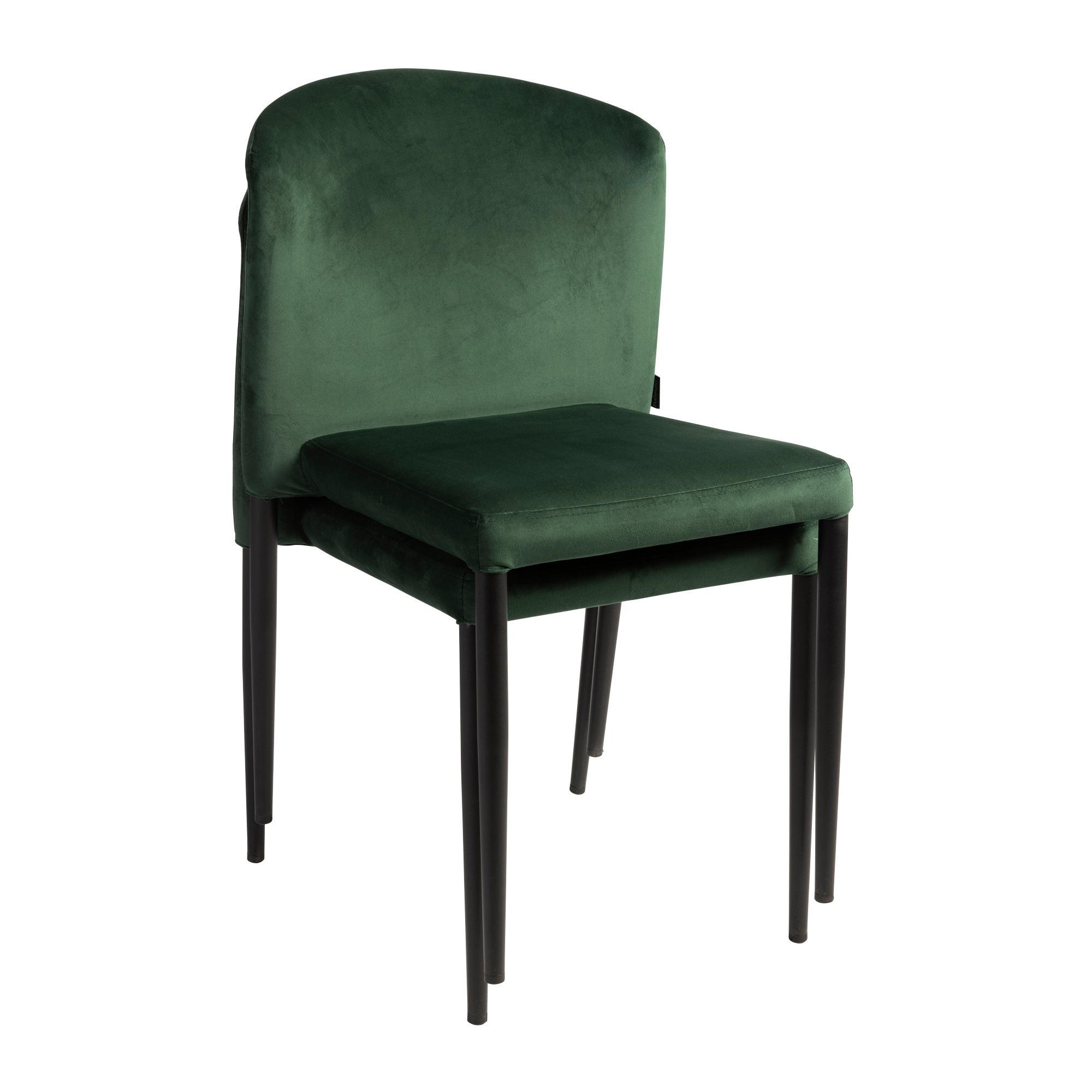 Veneto Stacking Side Chair - Dark Green Velvet with sleek black legs, featuring a plush velvet upholstered seat and backrest designed for stylish stacking and comfortable seating.