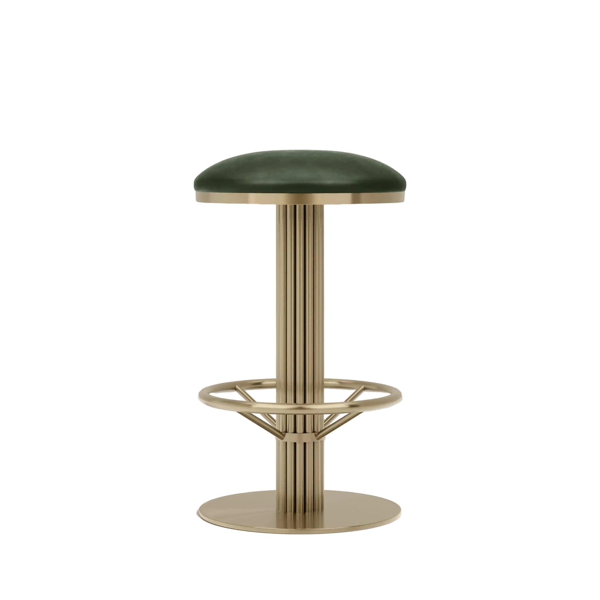 Rafferty Bar Swivel Stool upholstered in vintage tan faux leather with a brass-finished stainless steel frame, featuring decorative vertical ridges, a circular footrest, and swivel functionality, ideal for hospitality, restaurant, hotel, and bar interiors. Bar stool with green cushioned seat and brass base on a beige background