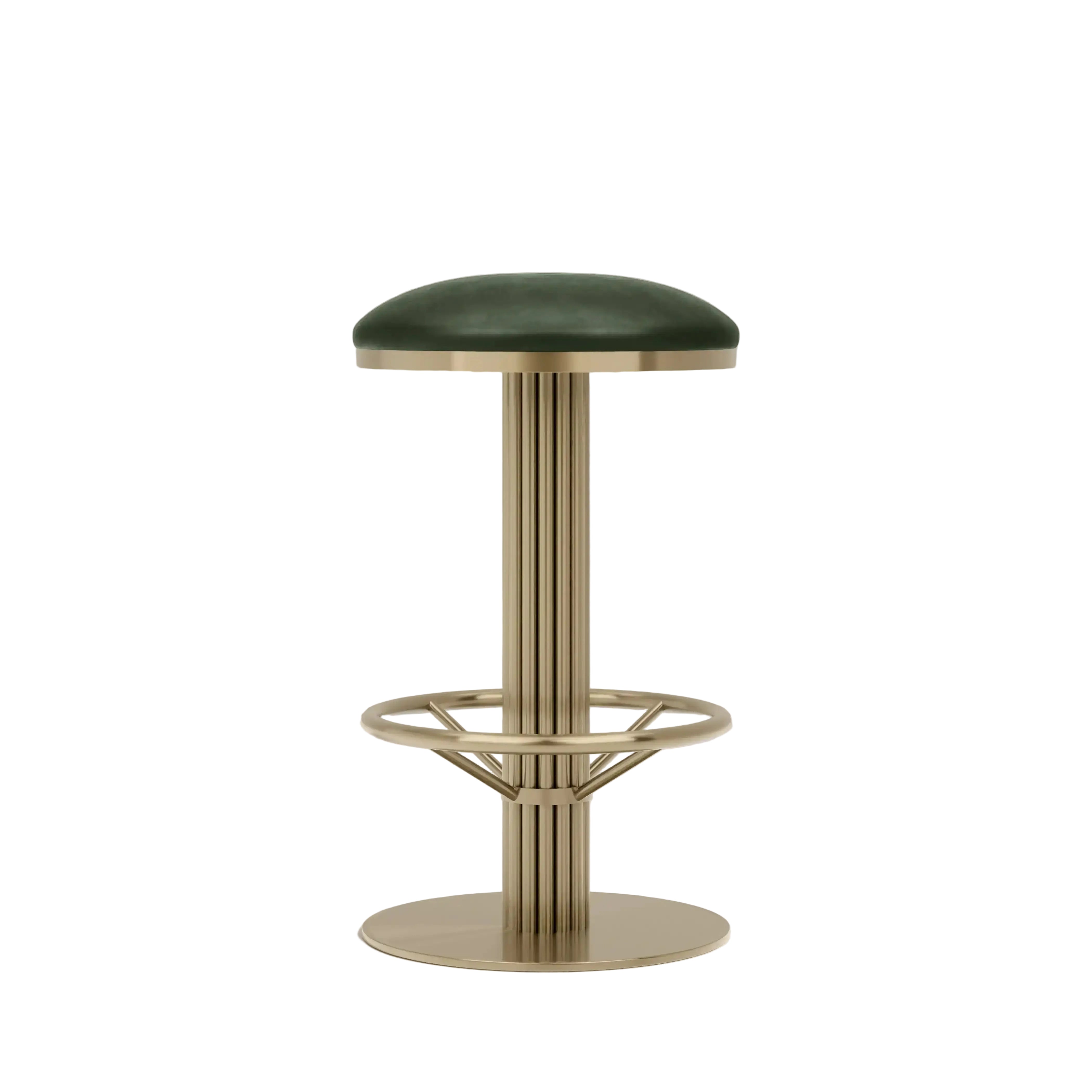 Rafferty Bar Swivel Stool upholstered in vintage tan faux leather with a brass-finished stainless steel frame, featuring decorative vertical ridges, a circular footrest, and swivel functionality, ideal for hospitality, restaurant, hotel, and bar interiors. Bar stool with green cushioned seat and brass base on a beige background