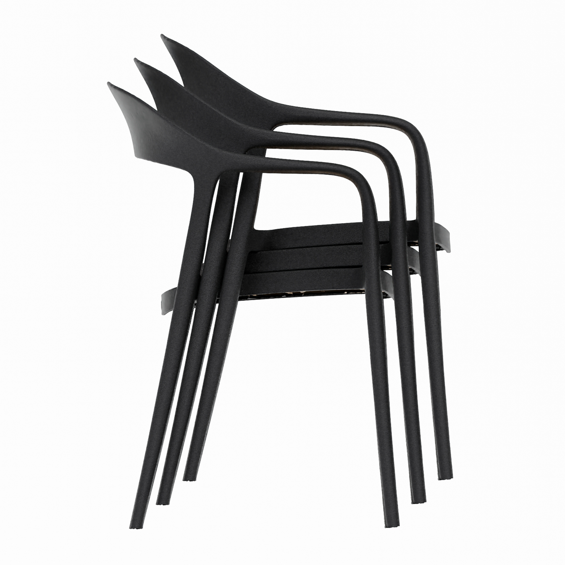 Three Wave Stacking Arm Chair - Black chairs stacked together, showcasing a sleek, modern design ideal for commercial interiors and flexible seating arrangements.