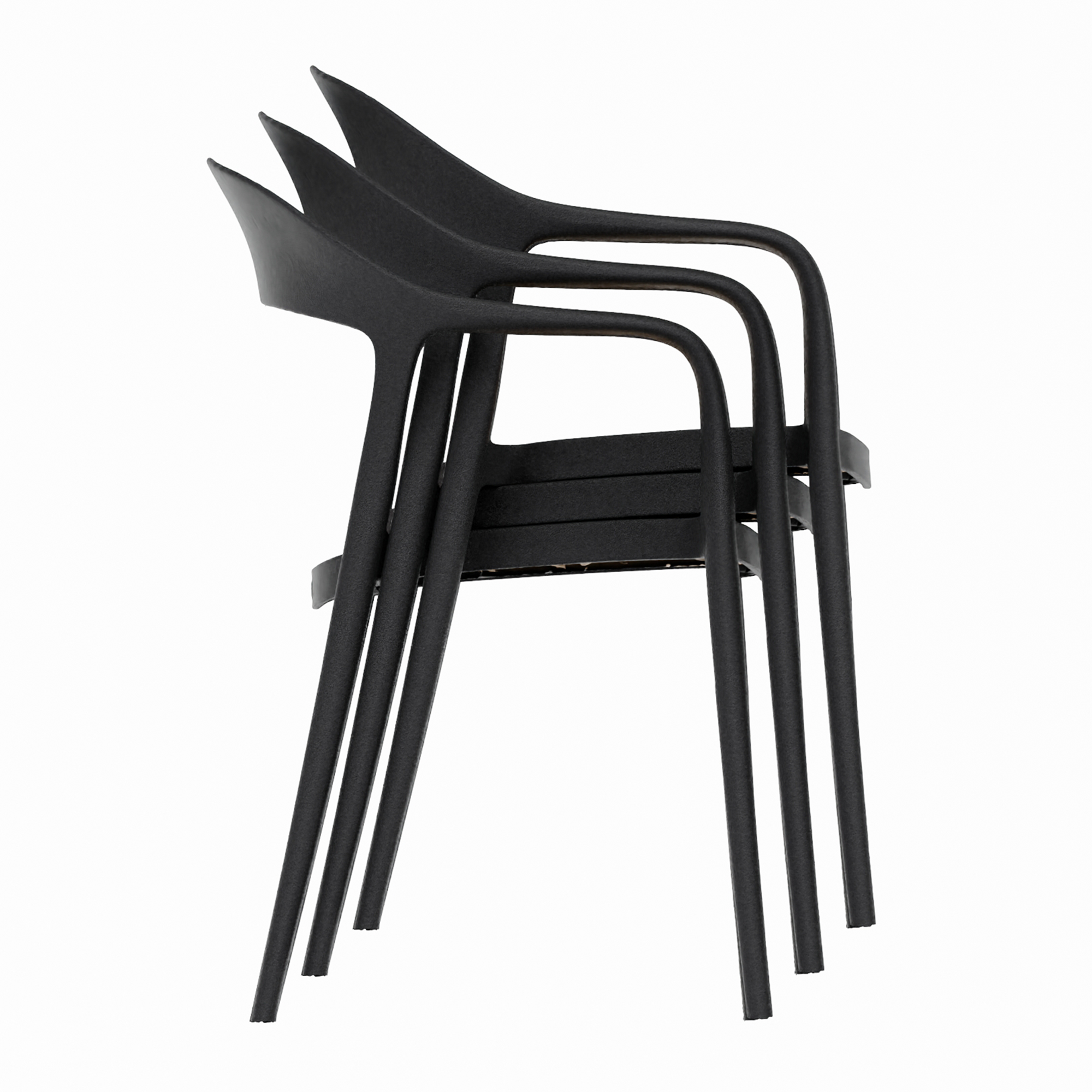 Three Wave Stacking Arm Chair - Black chairs stacked together, showcasing a sleek, modern design ideal for commercial interiors and flexible seating arrangements.