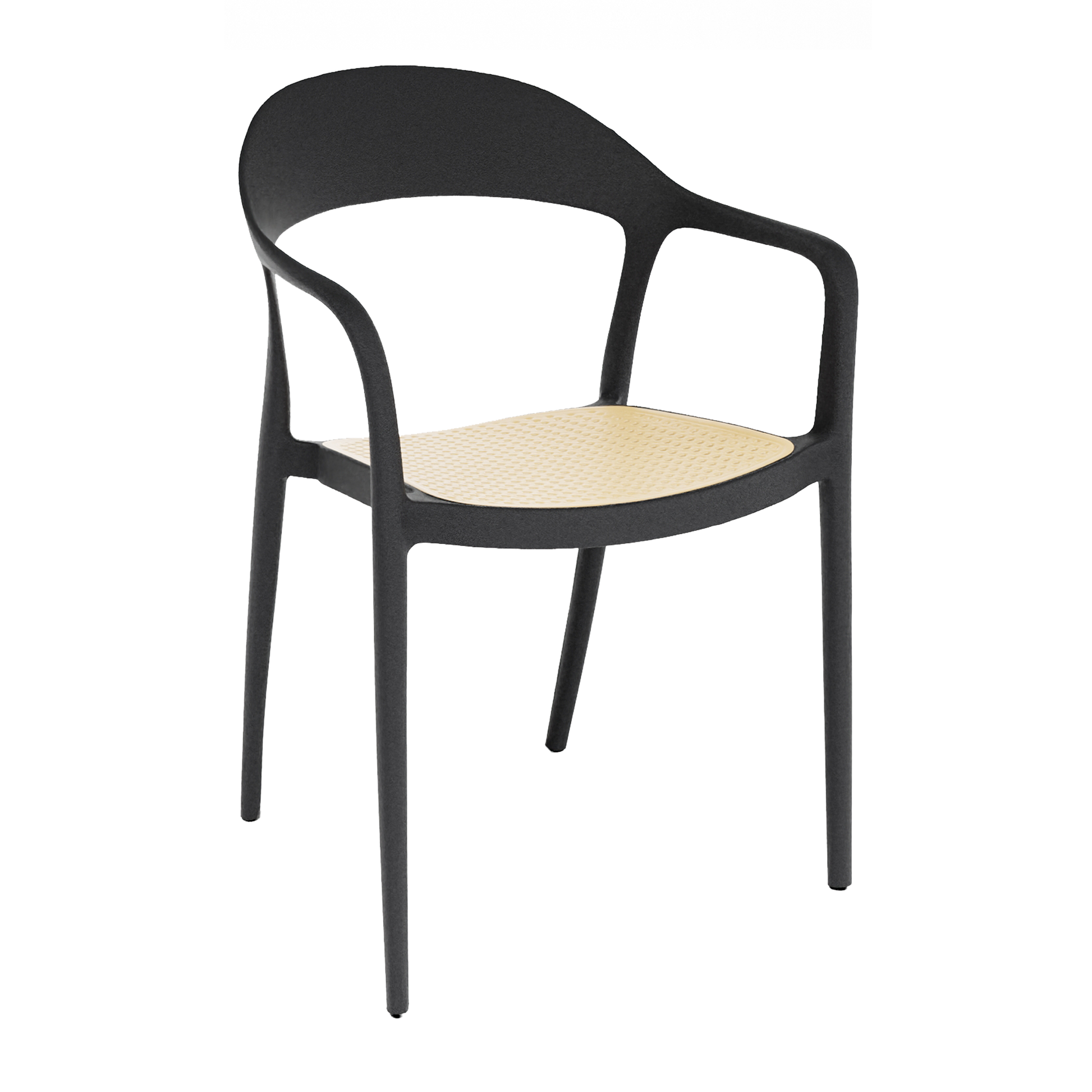 Wave Stacking Arm Chair - Black featuring a sleek black frame with smooth curves and a contrasting light woven seat, designed for versatile commercial and hospitality use.