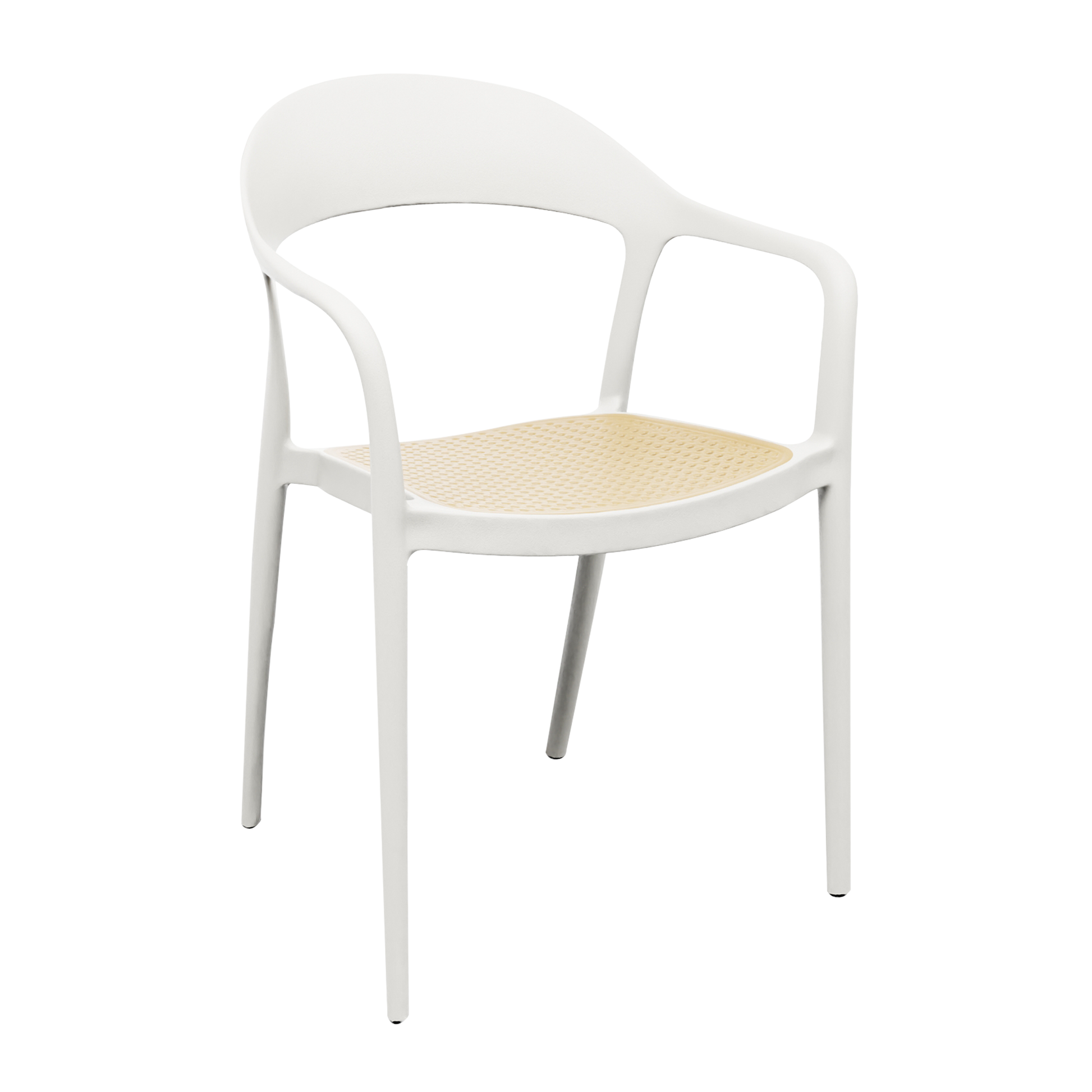 Wave Stacking Arm Chair - White featuring a sleek white frame with slim, curved armrests and a light woven seat, designed for modern commercial and hospitality spaces.
