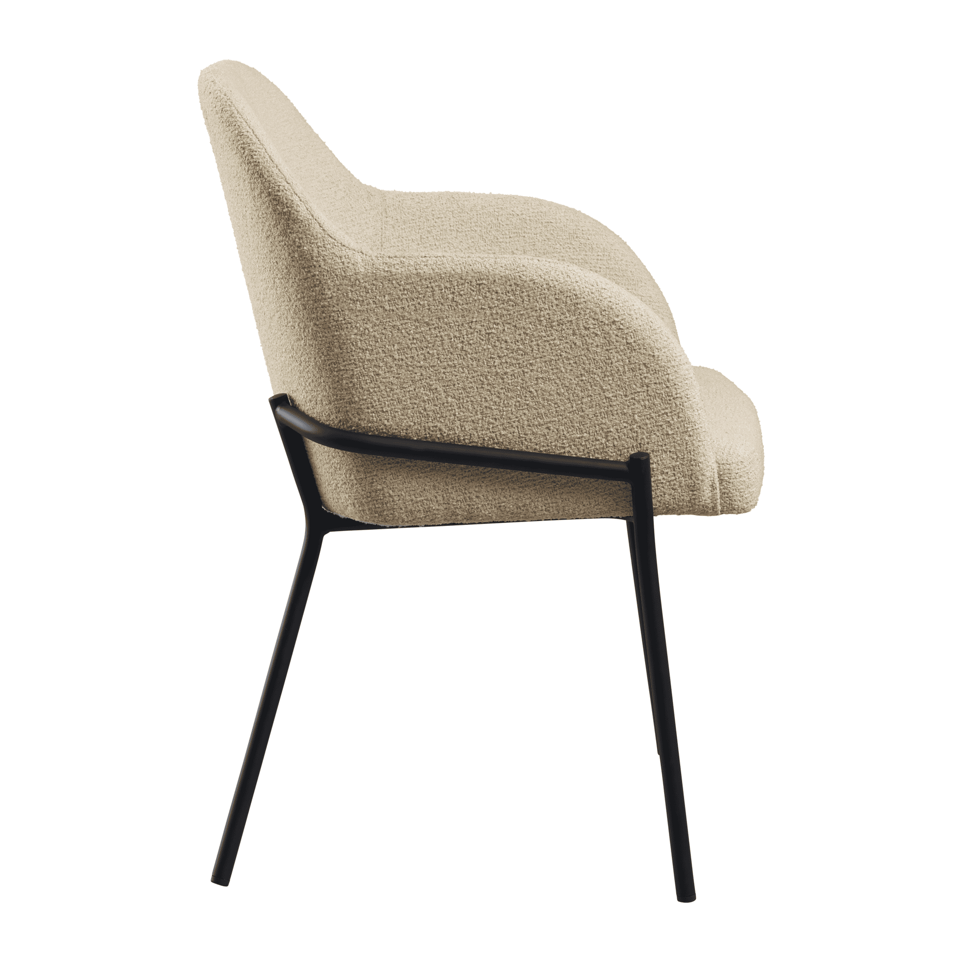 Westbury Armchair - Natural featuring a curved upholstered seat and back with soft natural fabric and sleek black metal legs, designed for stylish and comfortable seating.