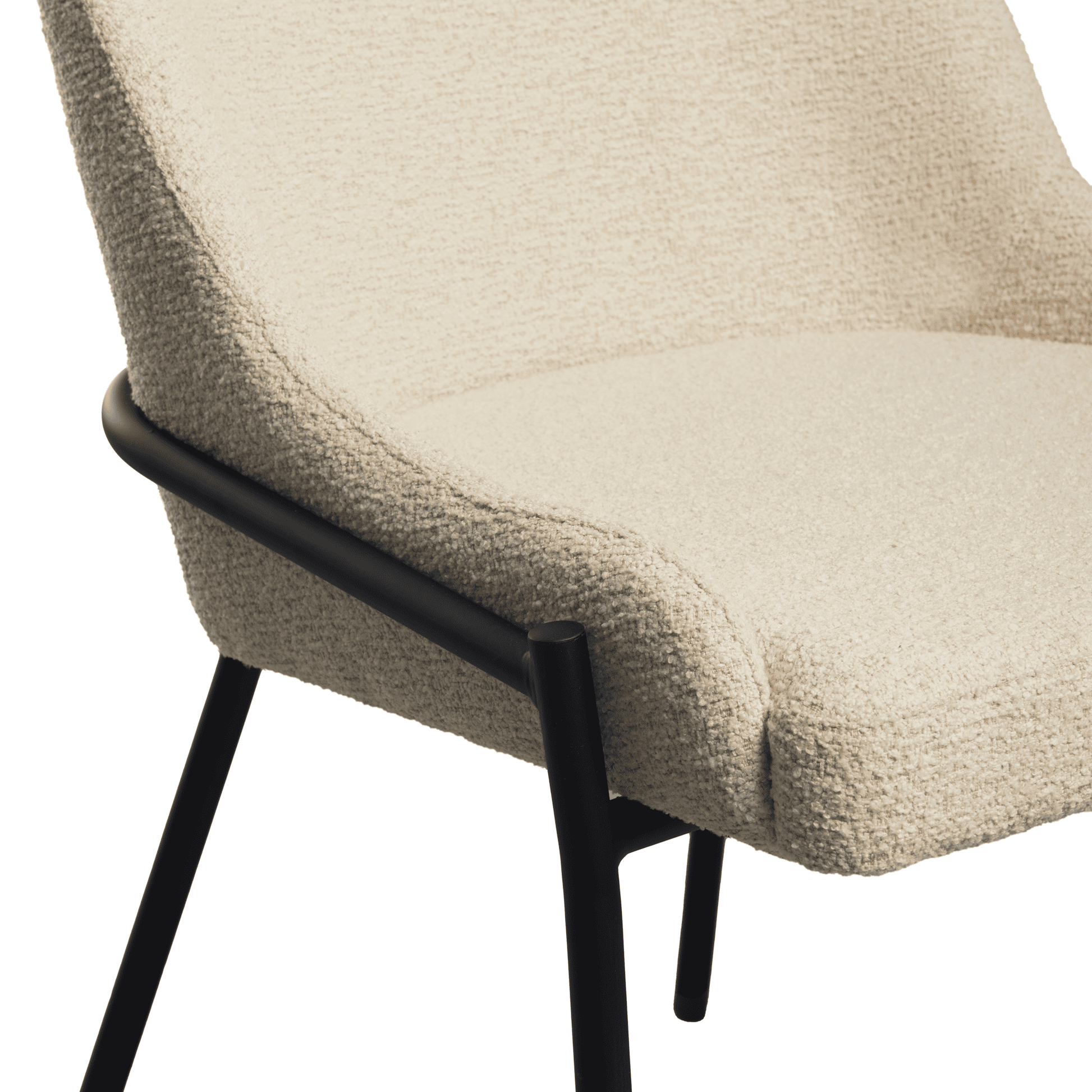 Close-up of the textured natural upholstery and black metal frame legs of the Westbury Sidechair - Natural, showcasing its sleek modern design and comfortable seating.