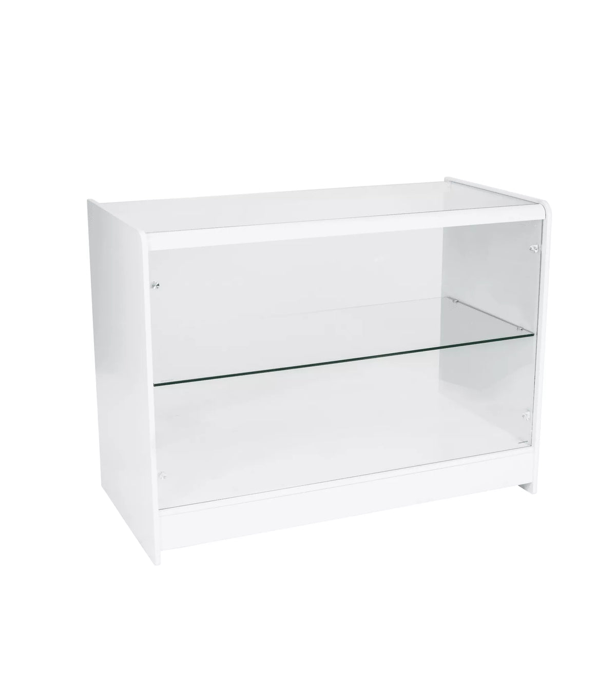 White glass front retail display counter with glass top and internal shelf