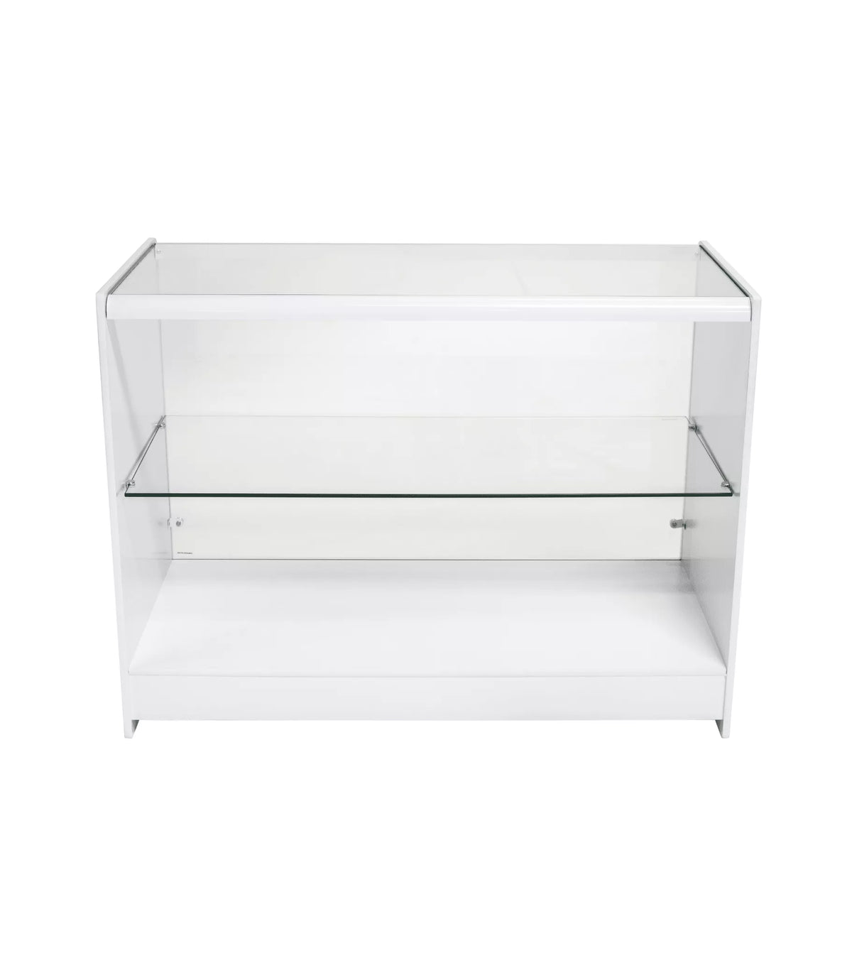 Front view of white 1200mm wide glass retail display counter