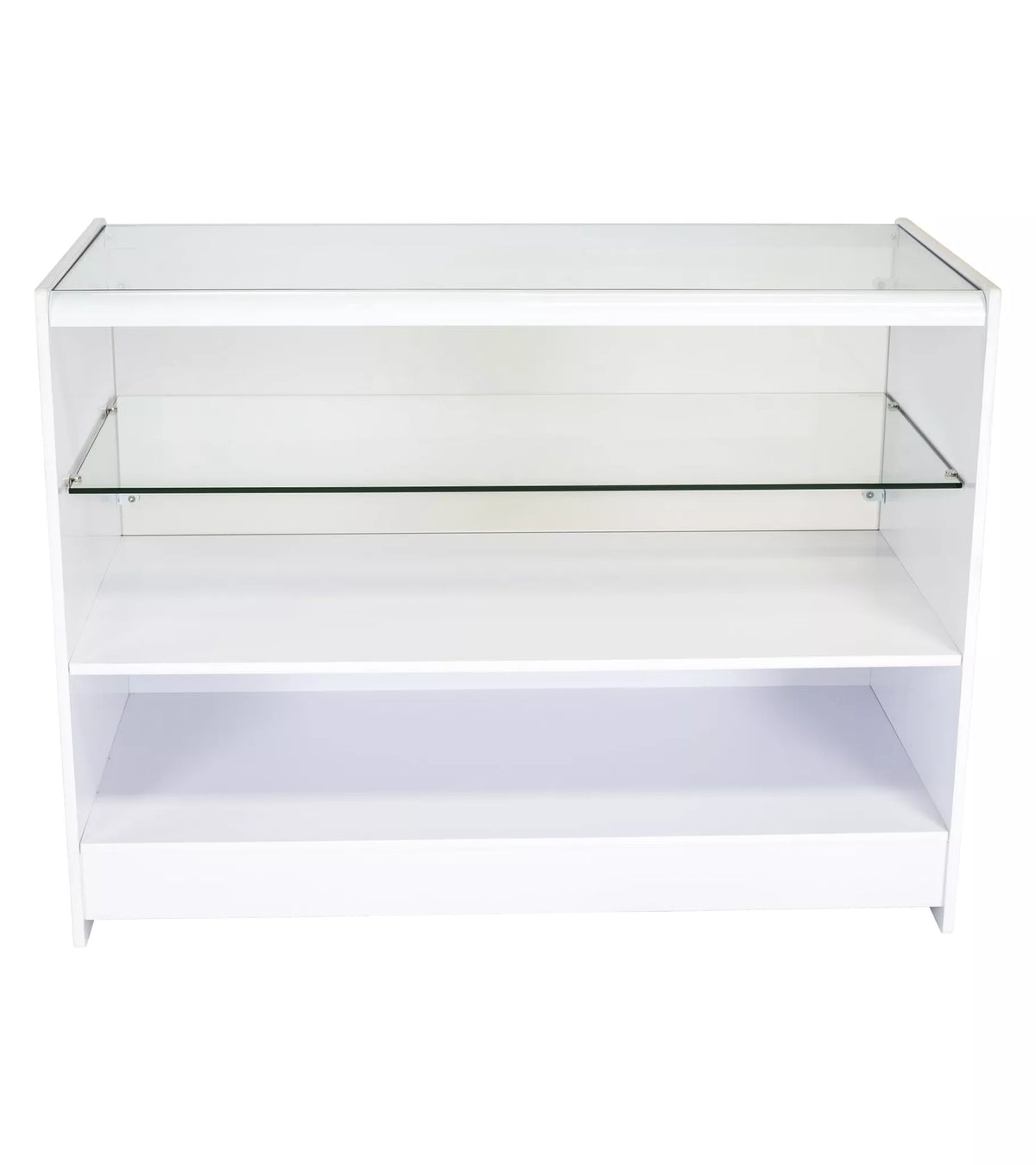 White half-glazed retail display counter measuring 1800mm wide