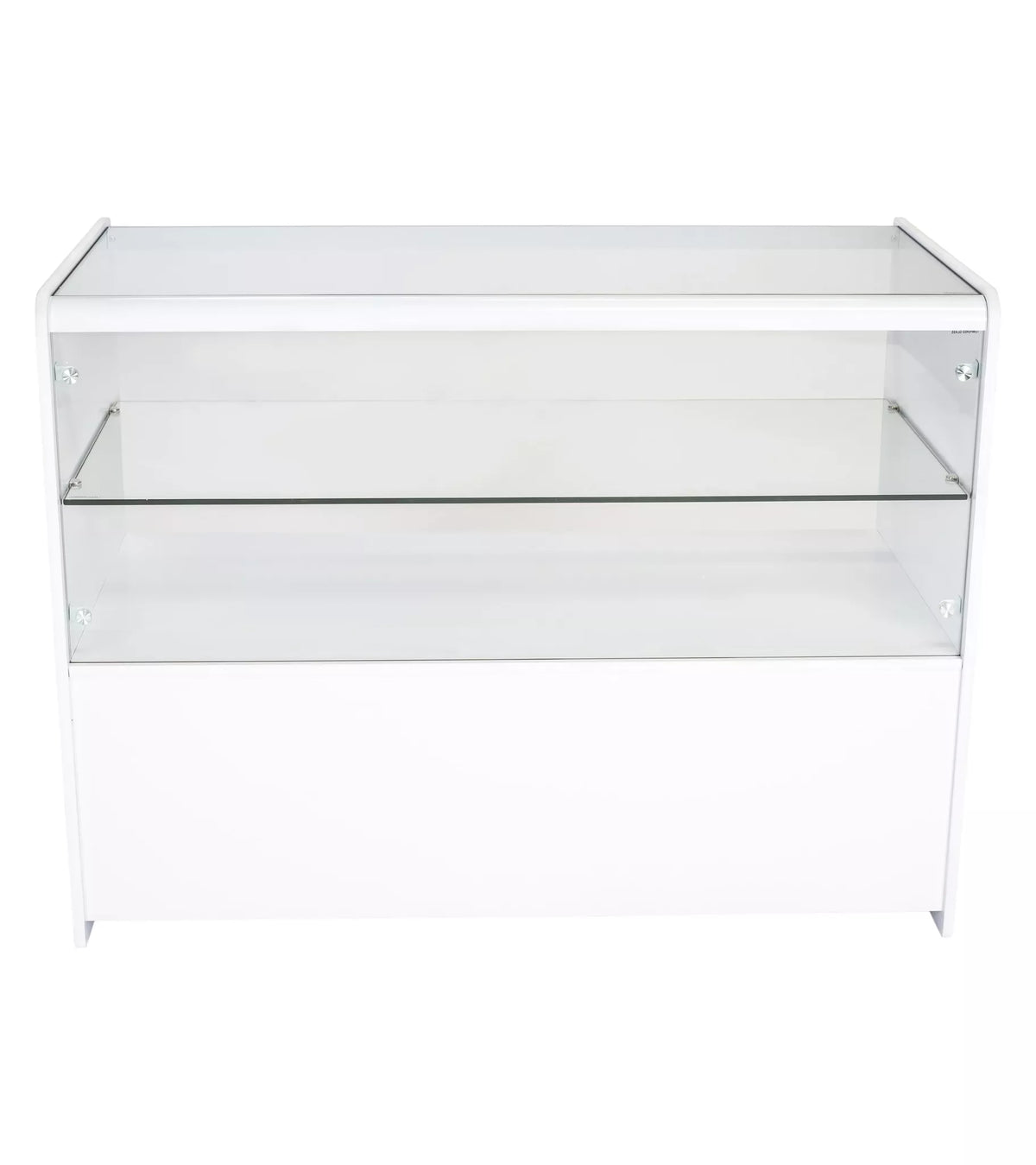 Front view of white half-glazed retail merchandising counter