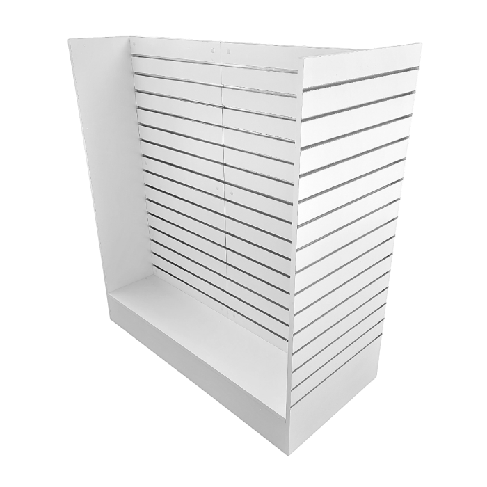 Side view of white four-sided slatwall shop display unit