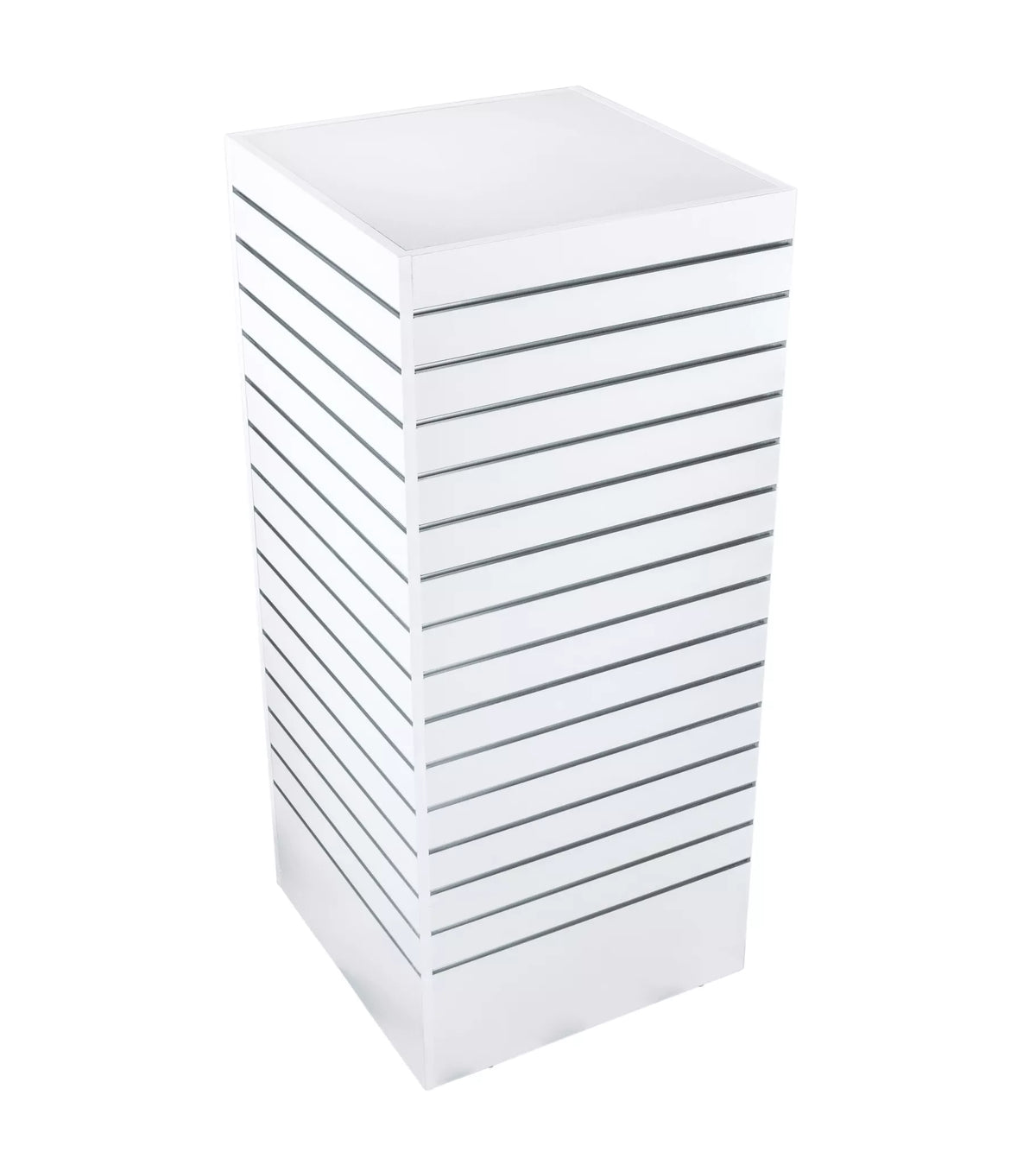 White four-sided slatwall tower gondola retail display with aluminium inserts