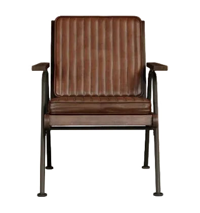 Witham Accent Chair featuring durable brown faux leather upholstery, walnut-stained ash wood armrests, and an industrial-style black metal frame, perfect for hotels, reception areas, workplace breakout spaces, lounges, cafés, and commercial interiors. Commercial Furniture Brown leather armchair with metal frame on a beige background