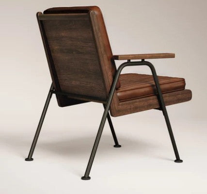Witham Accent Chair in brown faux leather with walnut-stained ash wood armrests and a black metal frame, combining industrial styling with commercial durability. Brown leather chair with metal frame on a white background