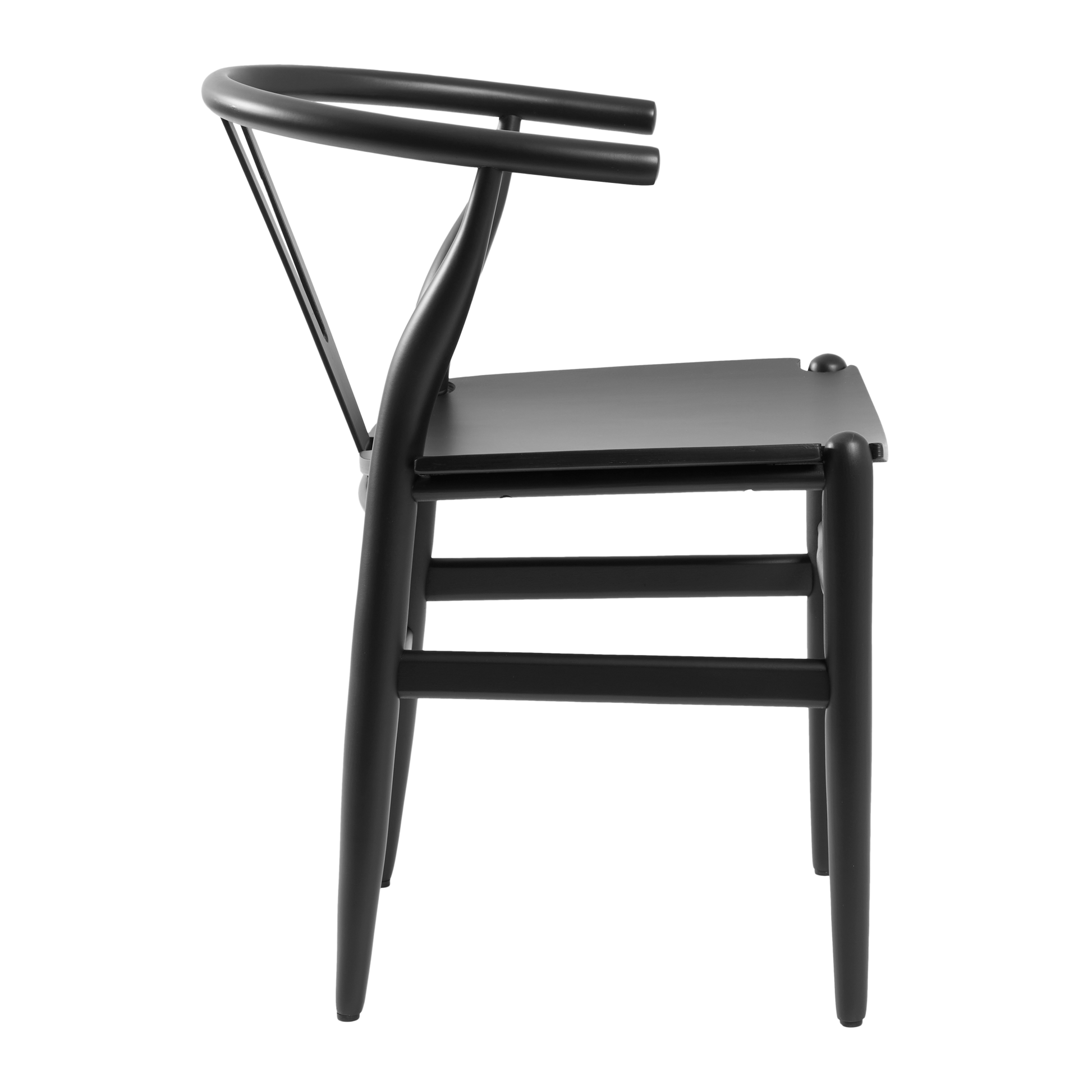 Side view of the Wishbone Style Armchair - Solid Beech - Satin Black, showcasing its curved backrest and minimalist wooden frame craftsmanship.
