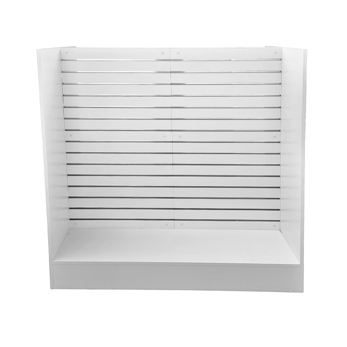 Front view of white freestanding slatwall retail merchandising gondola