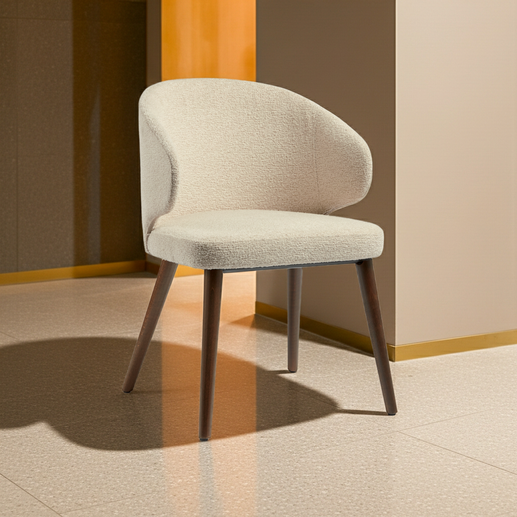 Selma Armchair - Natural with a curved upholstered backrest and cushioned seat in a soft neutral fabric, supported by four tapered wooden legs, ideal for stylish commercial interiors.