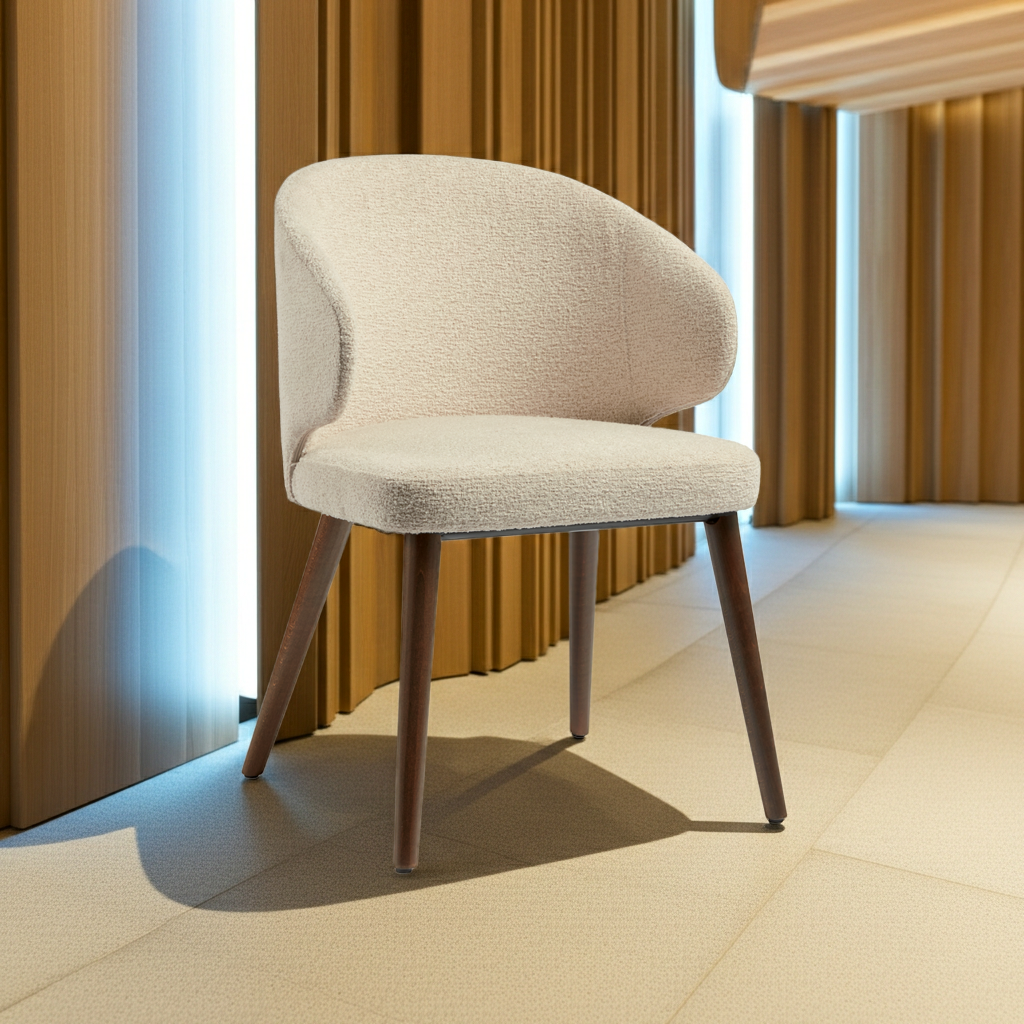 Selma Armchair - Natural with a curved backrest and wooden legs, upholstered in soft natural fabric, positioned in a modern interior with wooden paneling.
