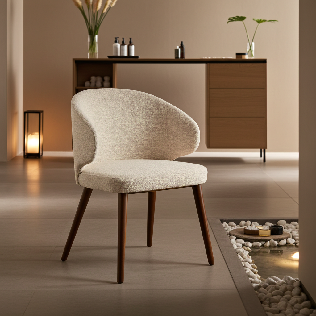 Selma Armchair - Natural with a curved upholstered backrest and seat in a soft, textured fabric, supported by slender wooden legs, placed in a modern minimalist room setting.