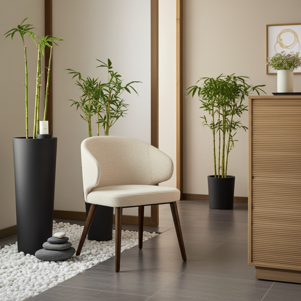 Selma Armchair - Natural upholstered in light fabric with wooden legs, placed in a modern, minimalist interior featuring tall plants and smooth gray tile flooring.