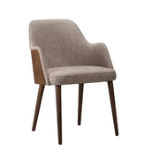 Commercial Brune Chair featuring an upholstered curved back, ergonomic armrests, heavy-duty metal subframe, and timber frame construction, ideal for restaurants, hotels, bars, lounges, and workplace environments. Chair with brown upholstered seat and backrest on a white background