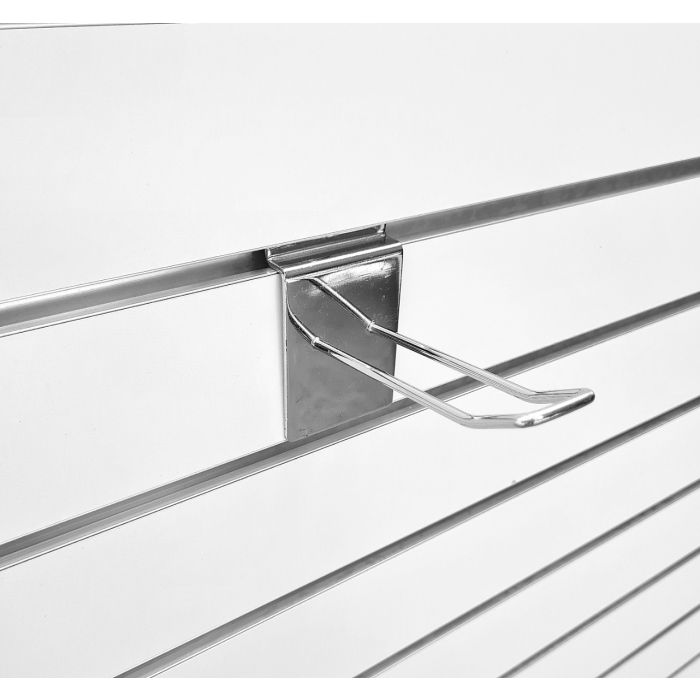 Metal hook attached to a white four-sided slatwall retail gondola