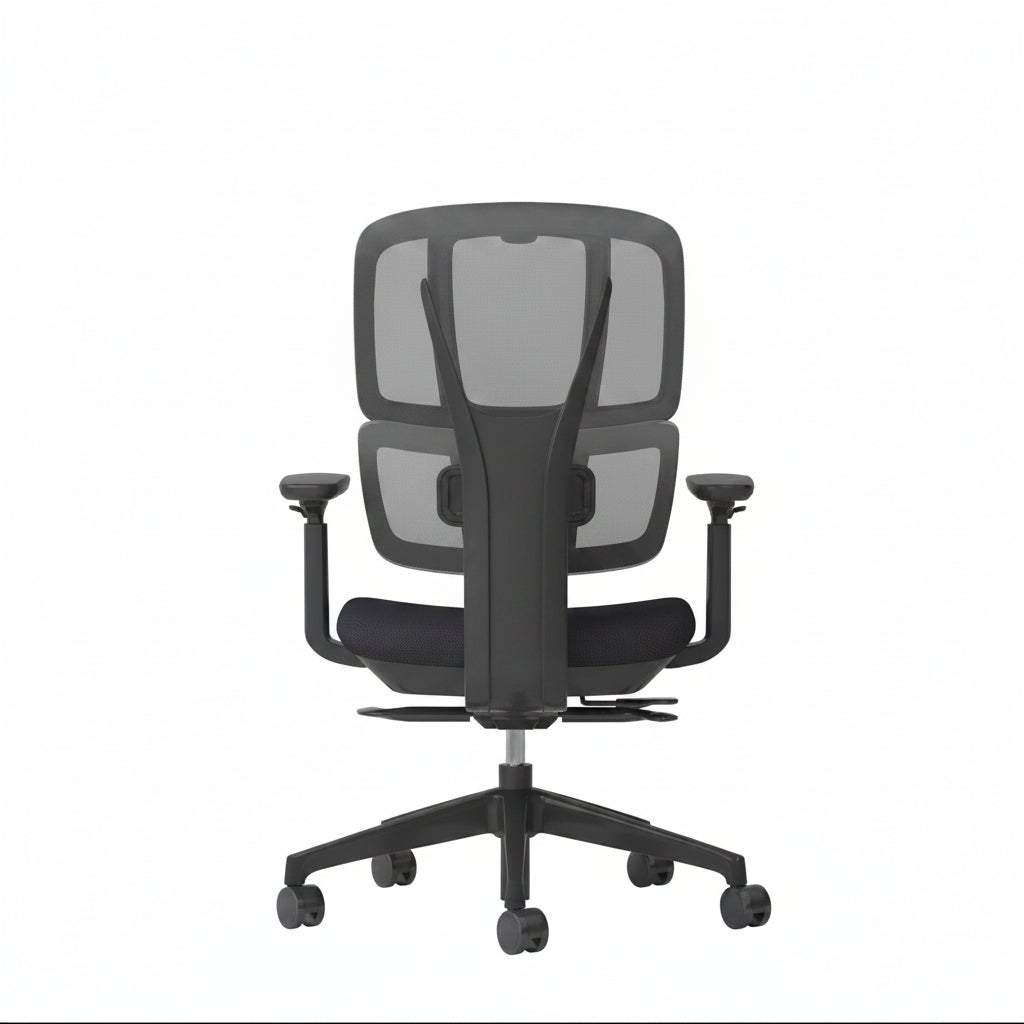 Black office chair with mesh backrest on a white background