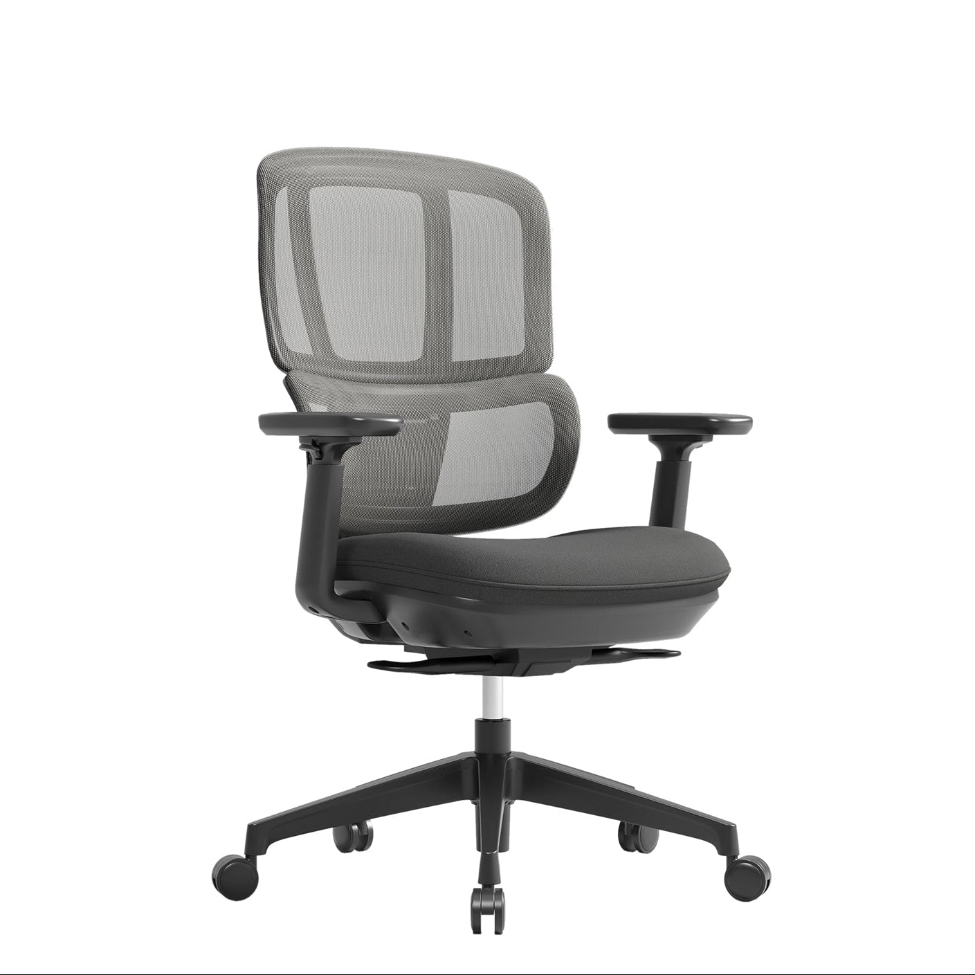 Gray office chair with mesh backrest on a white background