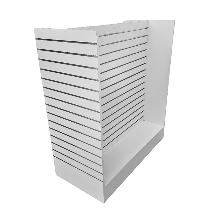 White four-sided slatwall retail gondola with aluminium inserts
