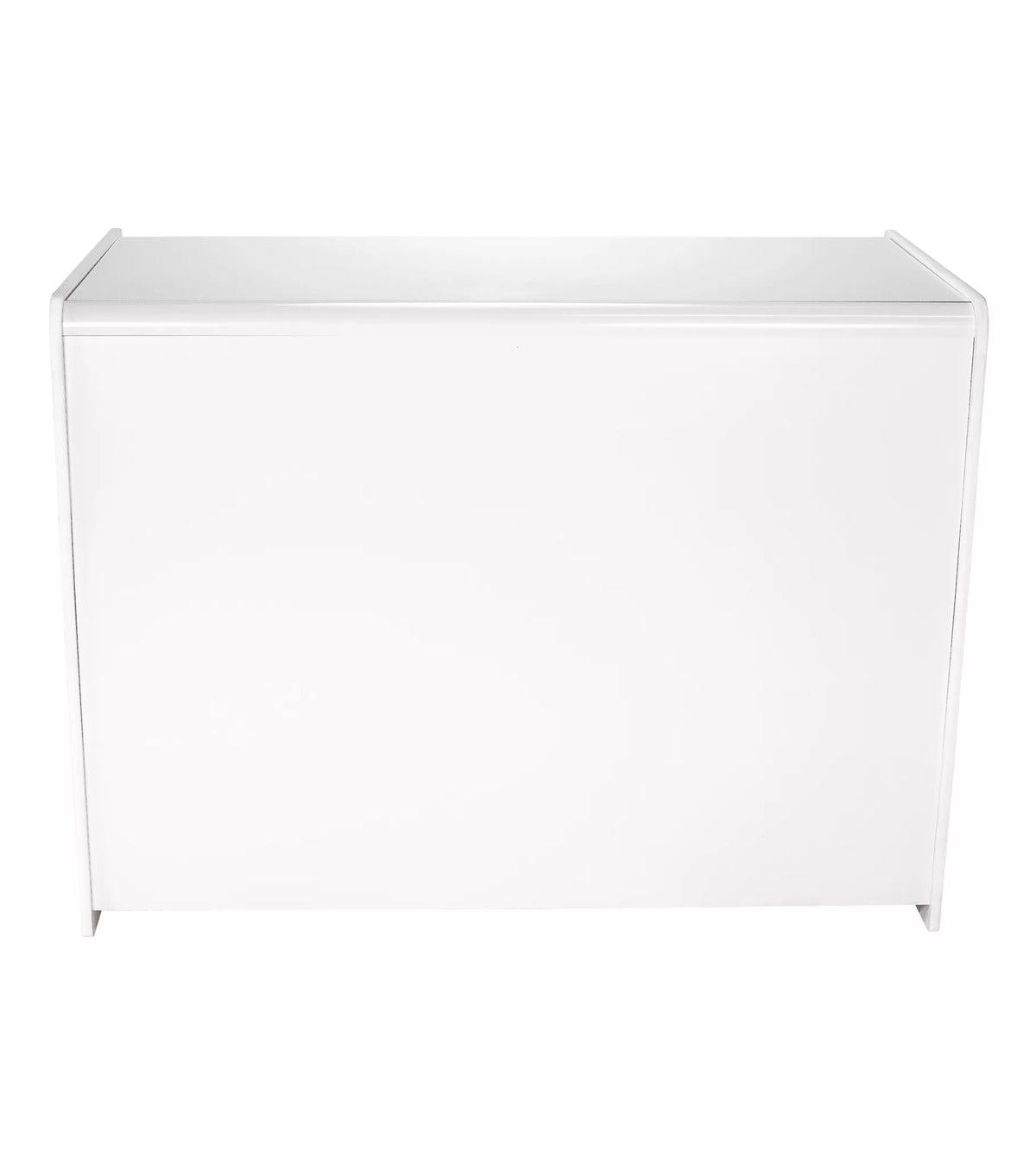 Rear view of white retail counter showing integrated storage shelf