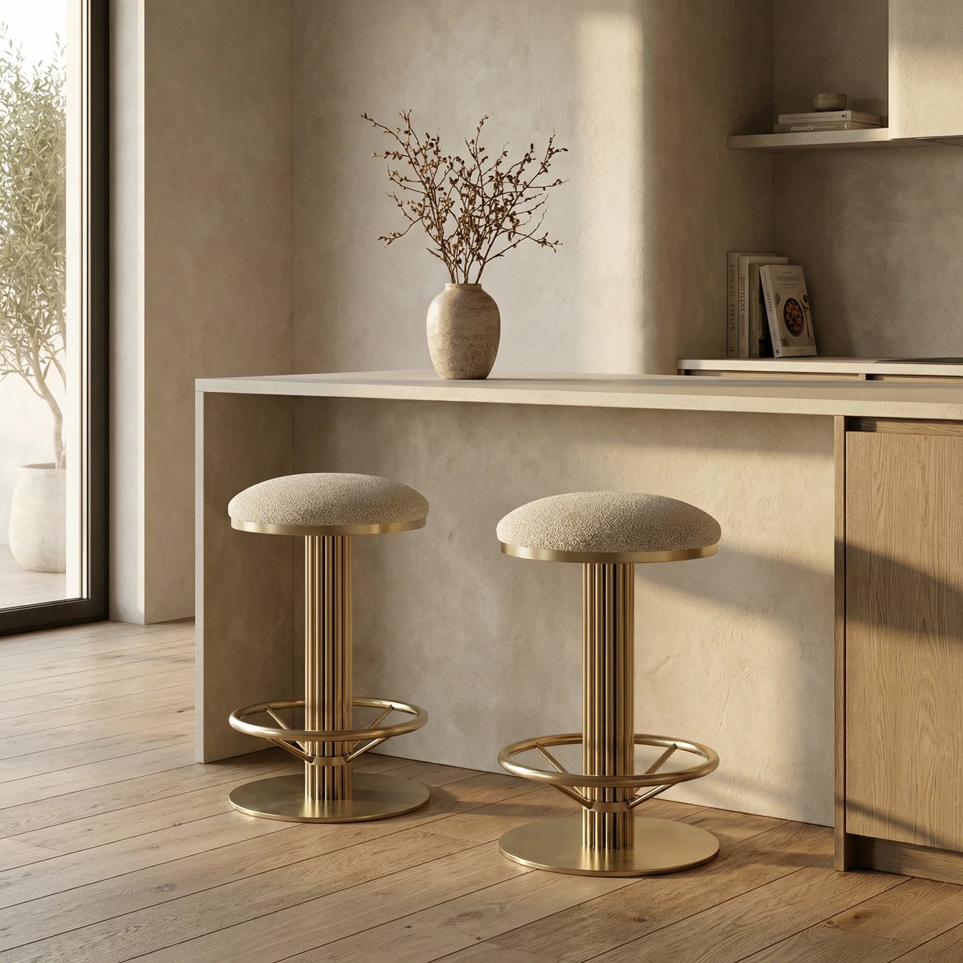 Rafferty Bar Swivel Stool upholstered in olive green velvet with a brass-finished stainless steel frame, featuring decorative vertical ridges, a circular footrest, and swivel functionality, designed for luxury hospitality, hotel, restaurant, and bar interiors. Two gold bar stools with beige cushioned seats in a modern interior setting.