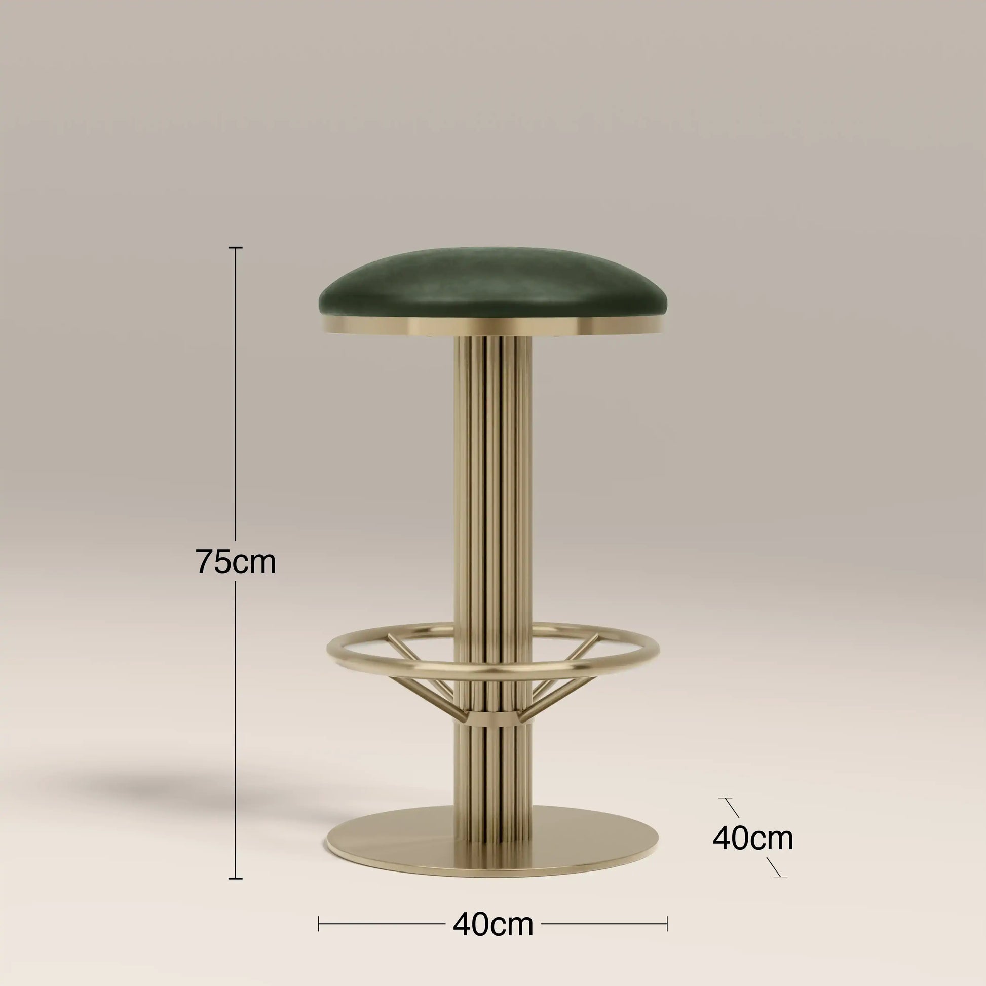 Rafferty Bar Swivel Stool upholstered in vintage tan faux leather with a brass-finished stainless steel frame, featuring decorative vertical ridges, a circular footrest, and swivel functionality, ideal for hospitality, restaurant, hotel, and bar interiors. Bar stool with dimensions labeled on a beige background