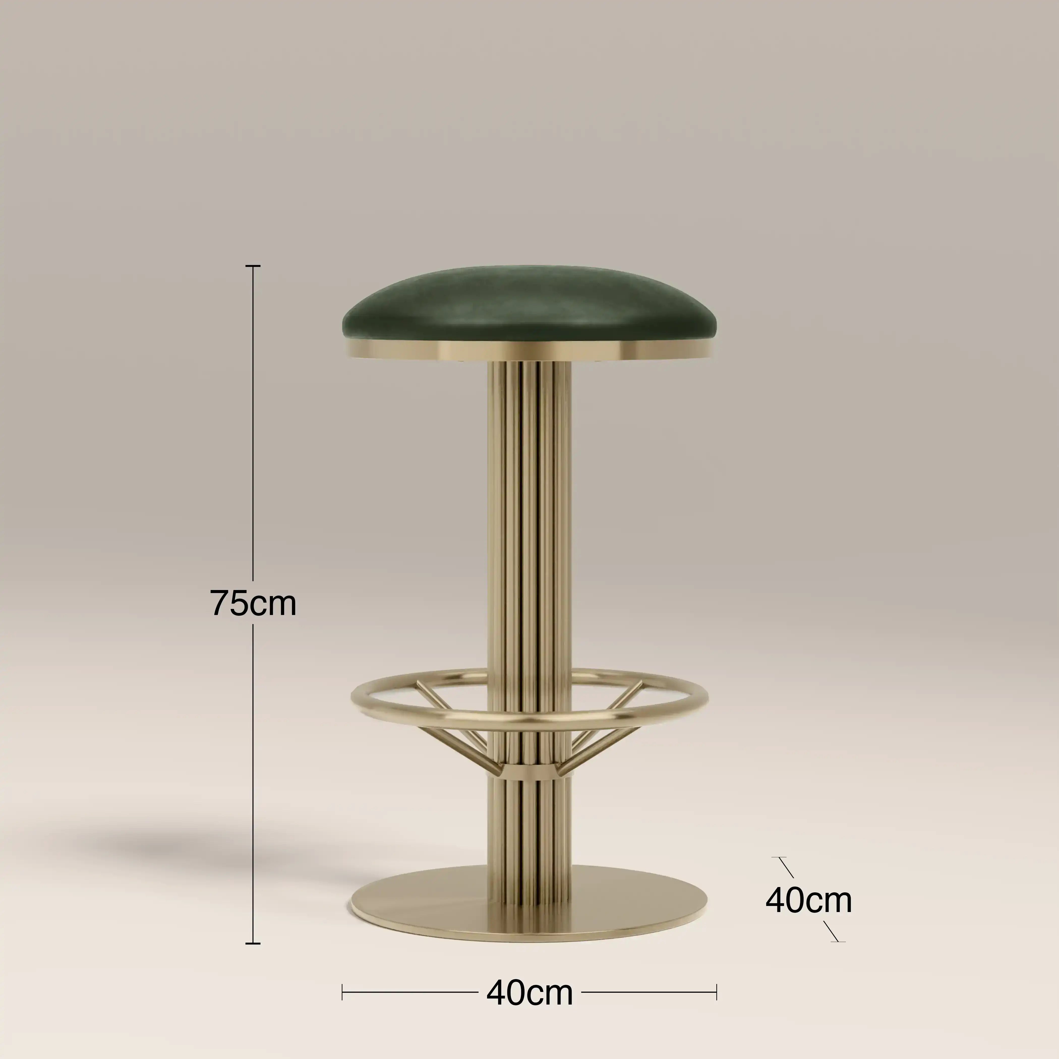 Rafferty Bar Swivel Stool upholstered in vintage tan faux leather with a brass-finished stainless steel frame, featuring decorative vertical ridges, a circular footrest, and swivel functionality, ideal for hospitality, restaurant, hotel, and bar interiors. Bar stool with dimensions labeled on a beige background