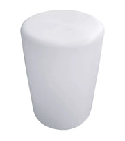 Front view of white cylindrical retail display stand for commercial merchandising