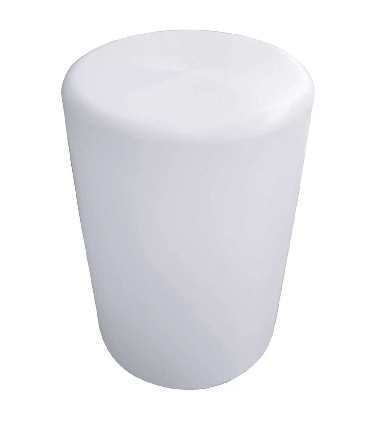 Front view of white cylindrical retail display stand for commercial merchandising